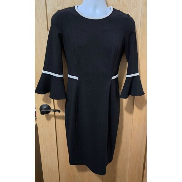 Calvin Klein Black Dress With White Trim & Bell Sleeves whimigoth academia - Picture 1 of 6